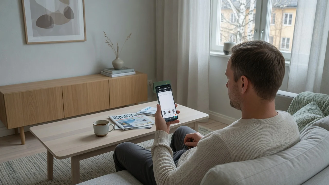 Person som använder en Android-telefon i webbläsaren hemma