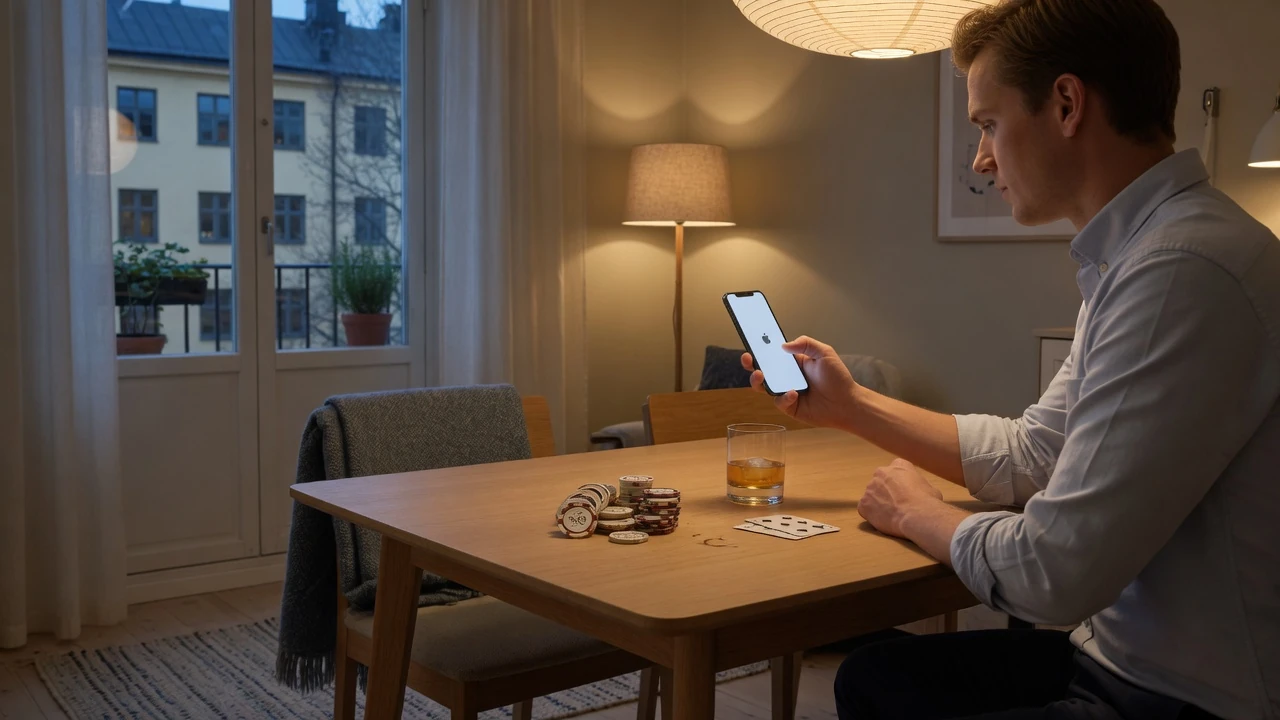 Man med iPhone och casinotema i modern svensk lägenhet