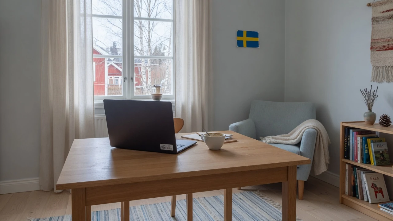 Svensk inredning med bärbar dator på bordet