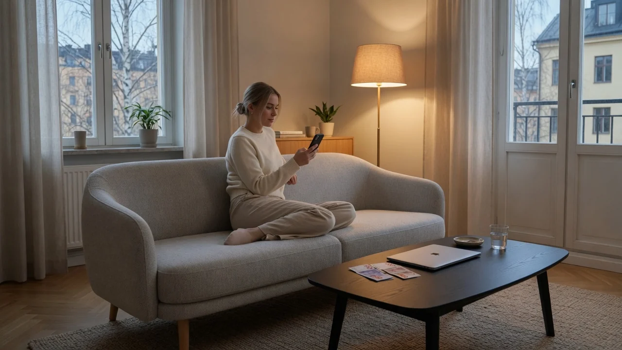 Svensk person i modern lägenhet med smartphone, BankID-inspirerad scen