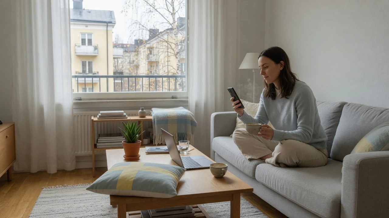Person i svensk vardagsrum med mobiltelefon och kaffe vid fönster