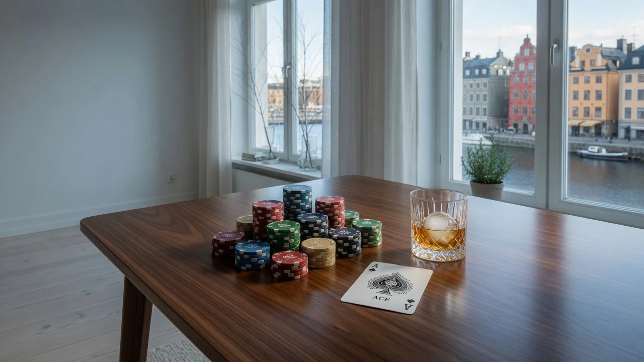 Bord med casinofigurer och utsikt över Stockholms hamn