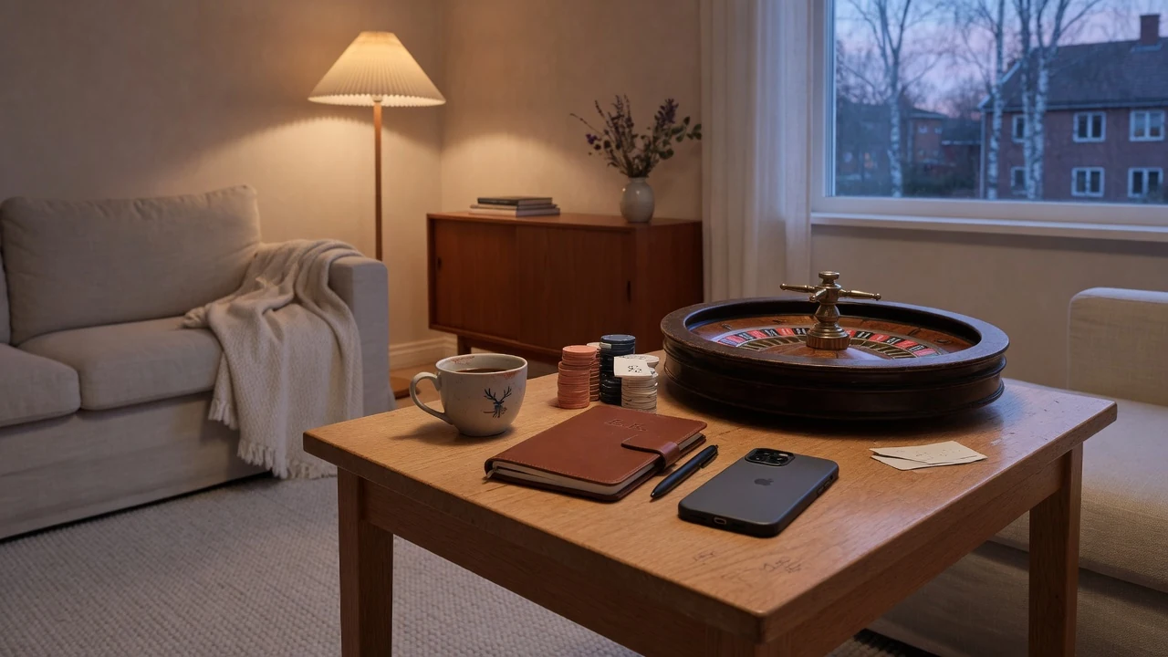 Svensk vardagsrum med roulette, marker och stängd telefon