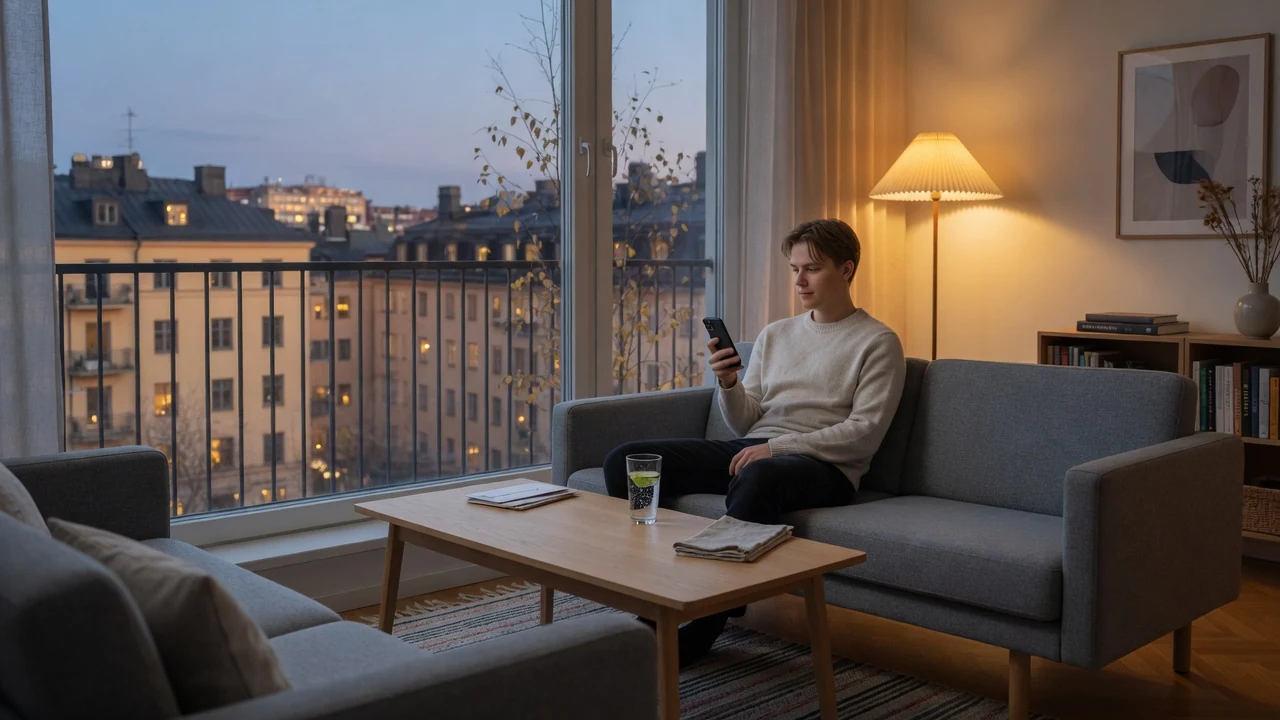 Svensk person avslappnad i modernt vardagsrum med mobiltelefon