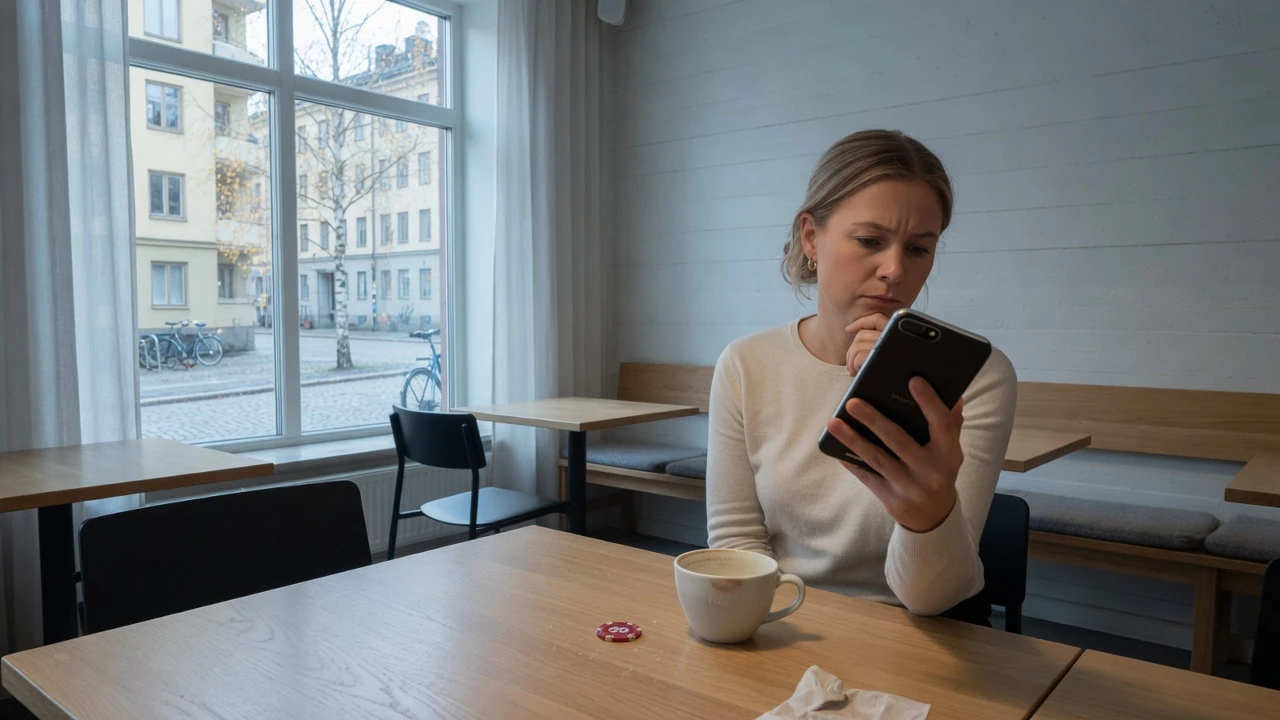 Person med smartphone på ett svenskt kafé med casinotema