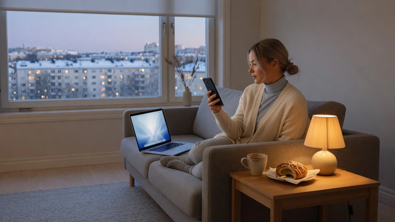 Person i svensk vardagsrum med mobiltelefon, fika och vyn över vinterstad