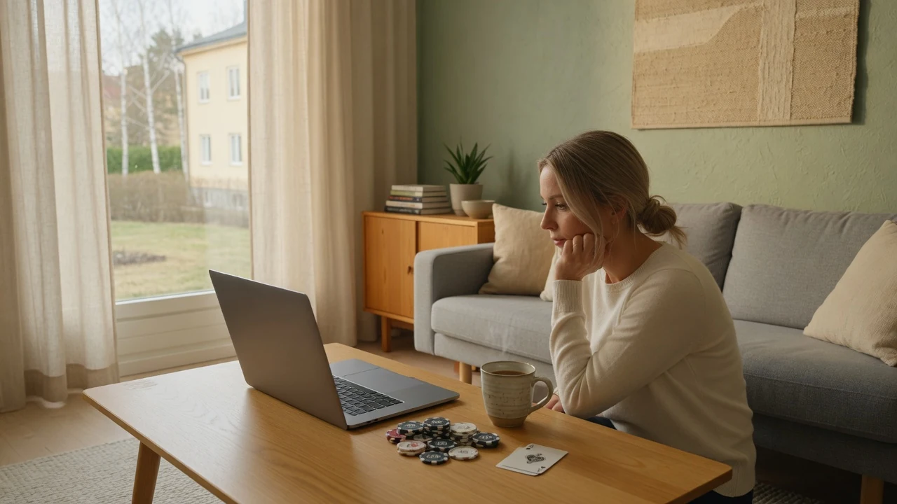Person som funderar över casinoval vid laptop i skandinavisk vardagsrum
