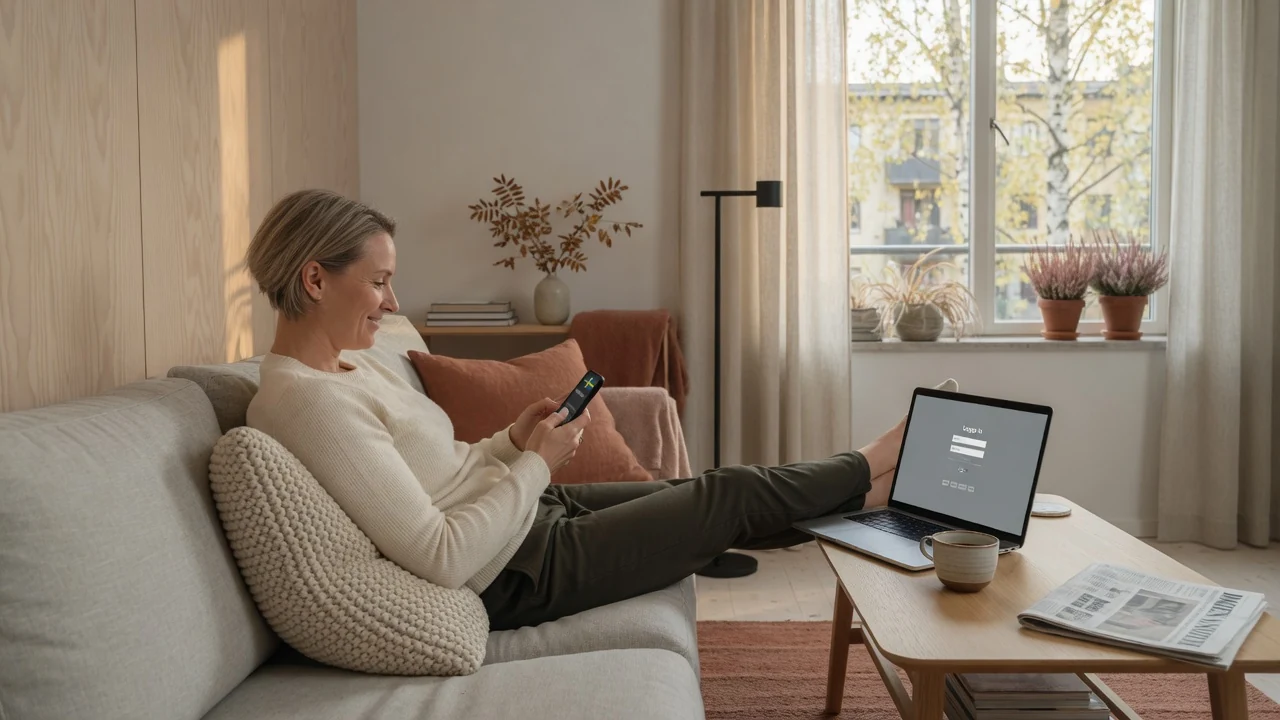 Svensk spelare med smartphone i mysig vardagsrumsmiljö