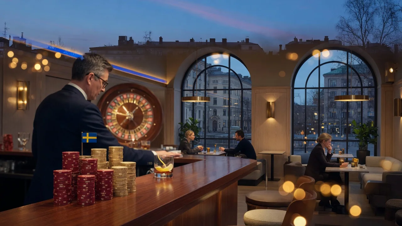 Stockholms casinolounge i skymningen med marker och roulettehjul bakom glas