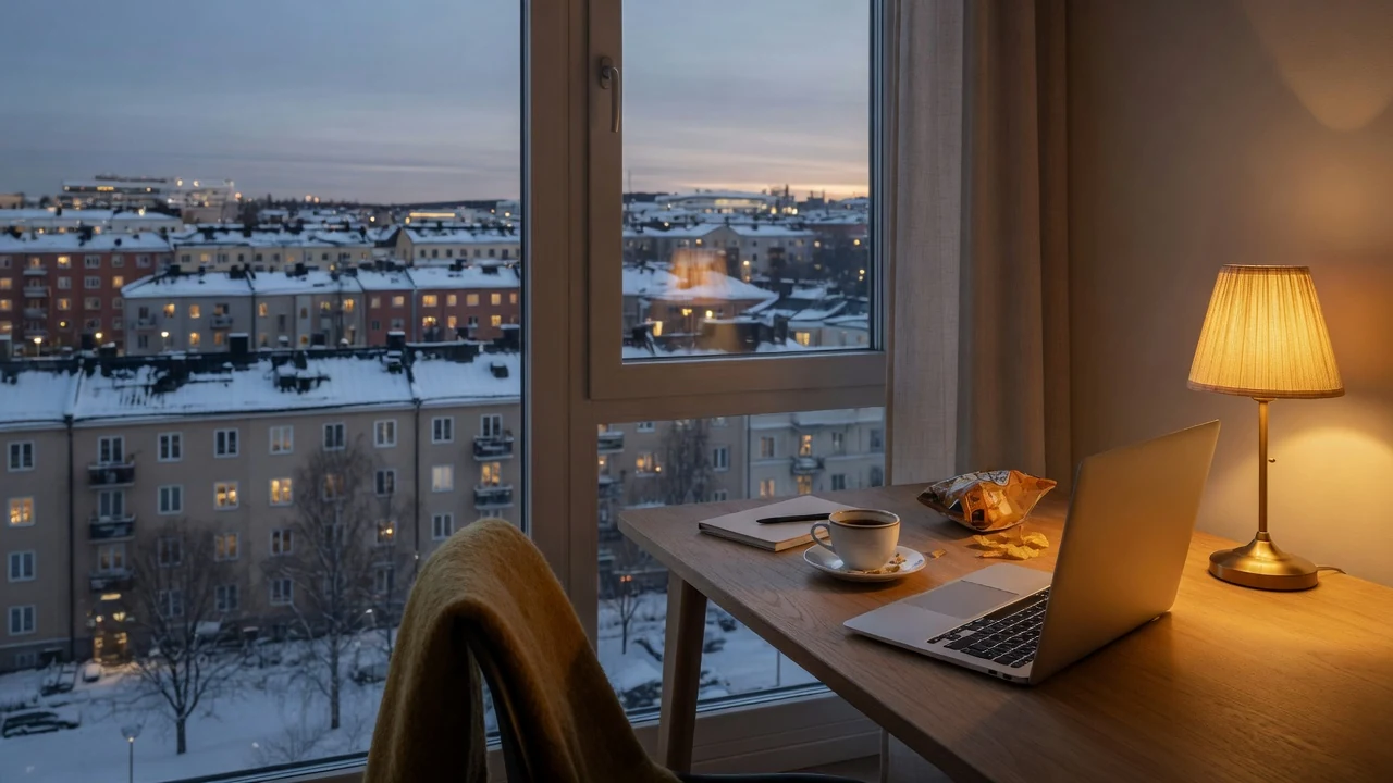 Modernt skandinaviskt skrivbord med bärbar dator och spelmark vid fönster mot svensk vinterstad