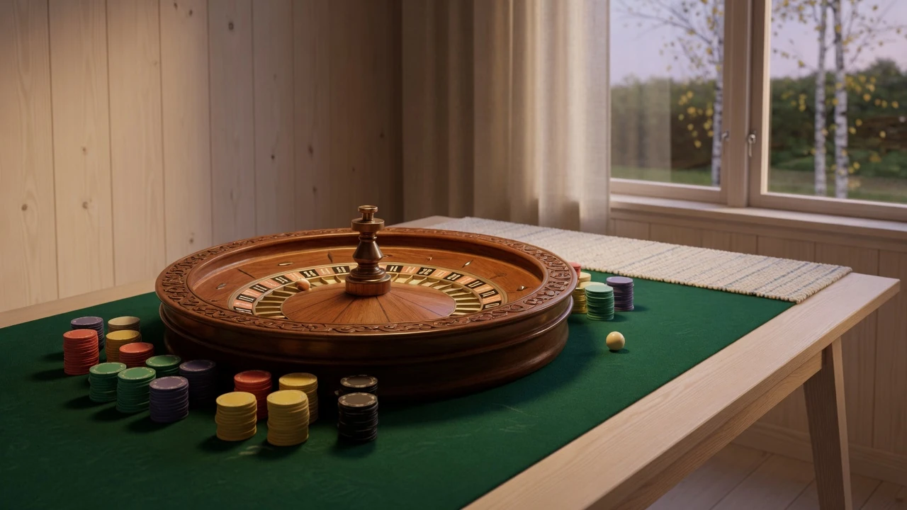 Roulettbord med marker i modernt skandinaviskt casinorum